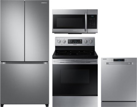 Samsung SARERADWMW7168 4 Piece Kitchen Appliances Package with French Door Refrigerator, Electric Range, Dishwasher and Over the Range Microwave in Stainless Steel